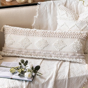 Cream White Decorative Lumbar Pillow Cover 14X36 | Boho Pillow Cover for Bed |Textured Body Pillow Cover | Bohemian Woven Lumbar Pillow Case