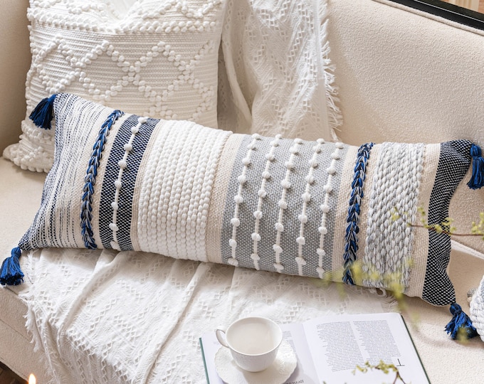 Navy Dark Blue Boho Lumbar Throw Pillow Cover 14X36 Coastal Accent Long