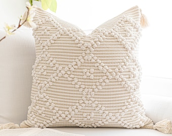 Cream White Throw Pillow Cover | Decorative Textured Handmade | Tuft Pillow Cushion Cover| Boho Pillow Cover | 20X20 Cover Only