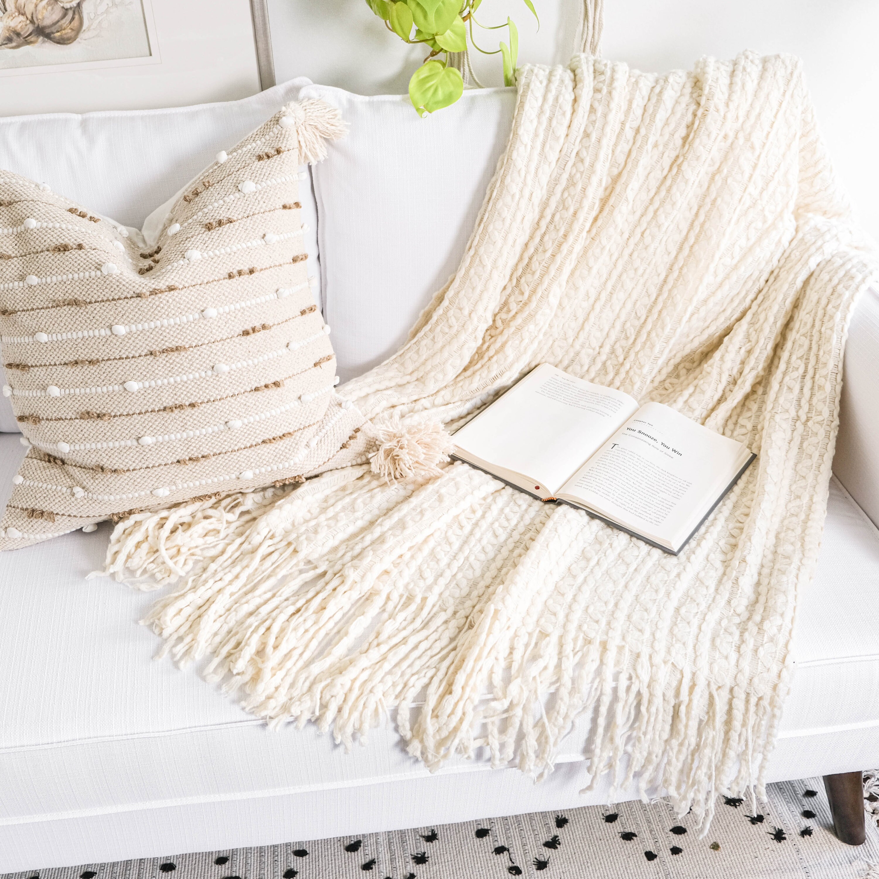 Lace woven throw blanket with fringe light cream lightweight Etsy