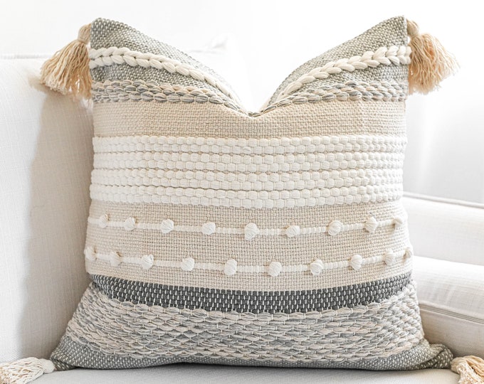 Gray Throw Pillow Cover Decorative Grey Boho Pillow Cover Textured Handmade Boho Throw Pillows