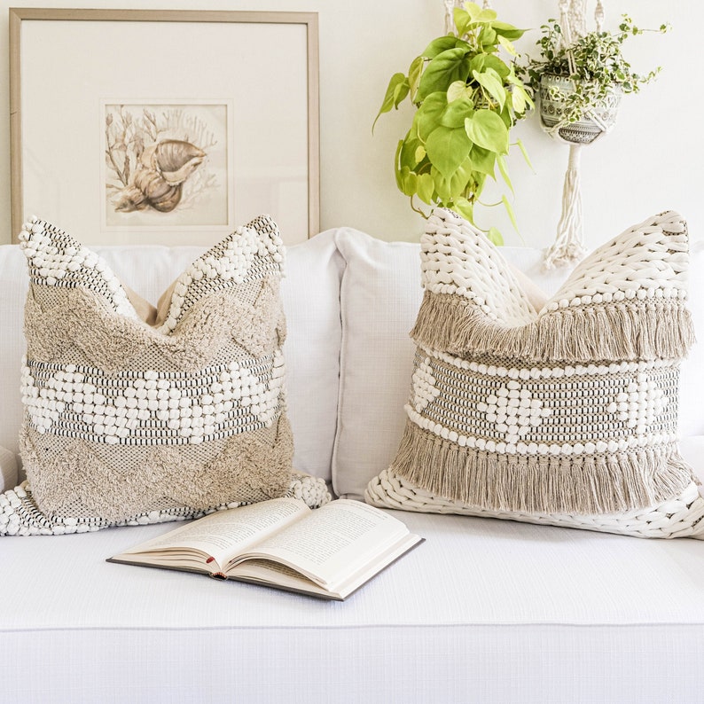 Beige boho pillow cover 20x20 tufted textured accent cushion Etsy