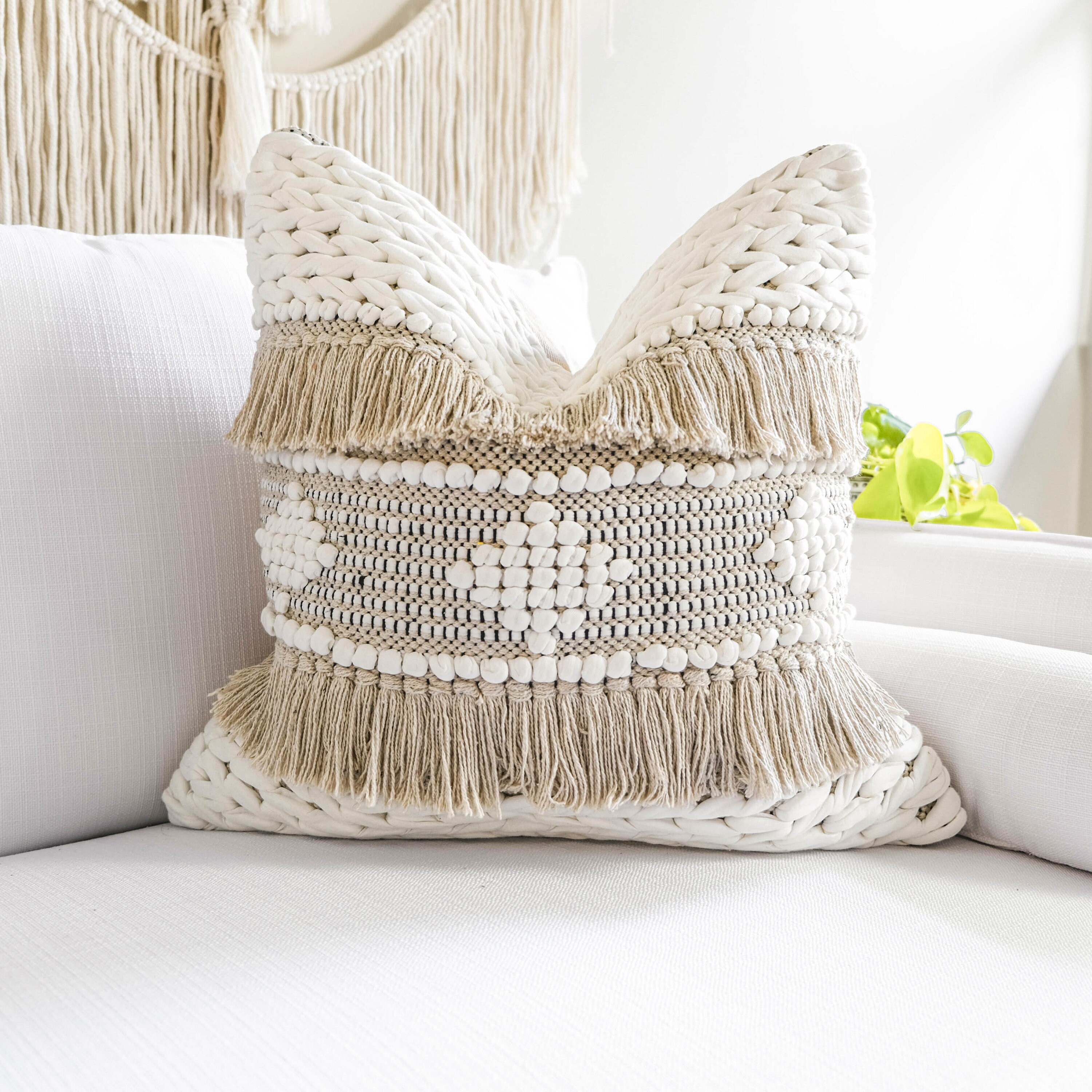 Tufted boho throw pillow cover beige and black decorative Etsy