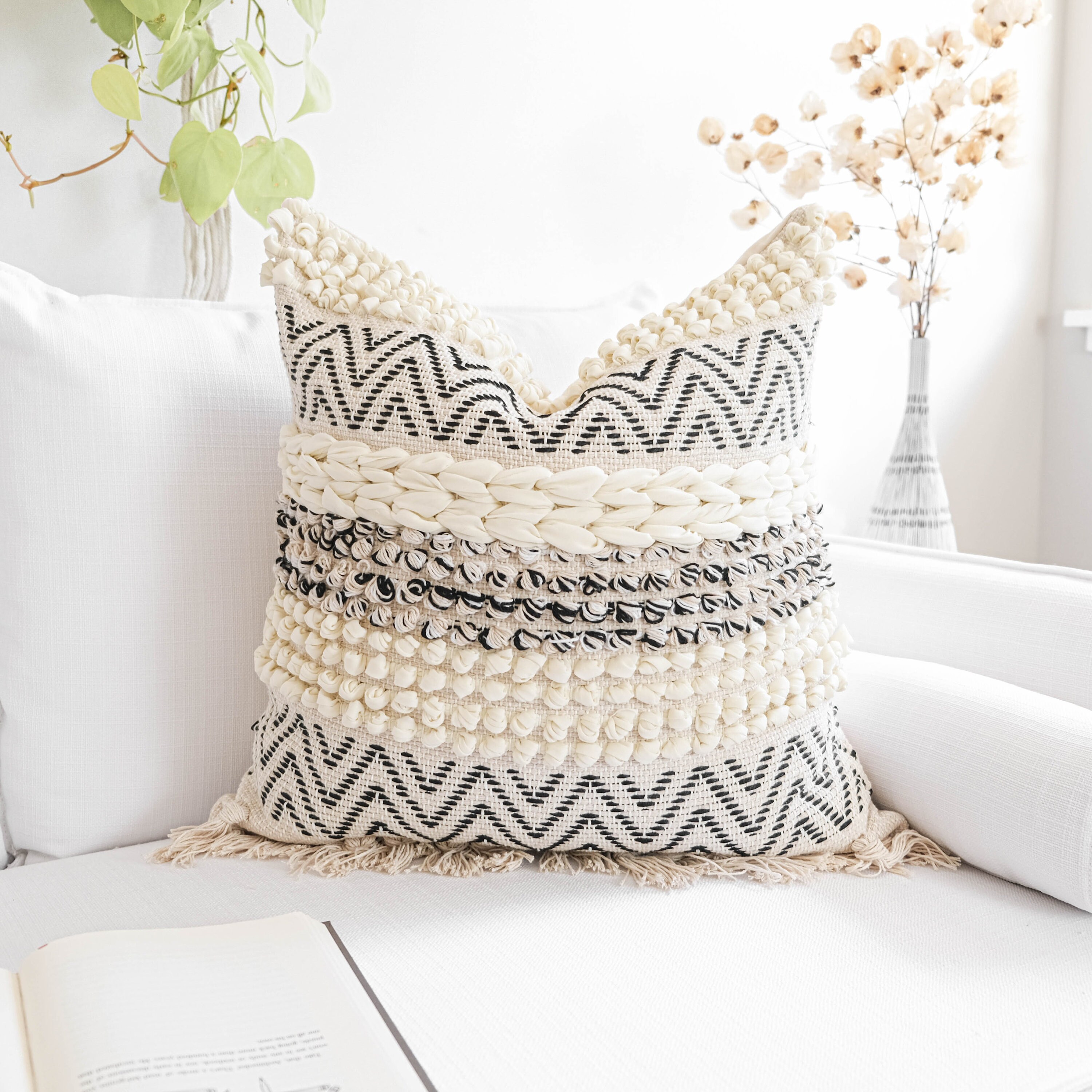 Lumbar Pillow Cover Woven Lumbar Pillow Cream Black Lumbar Etsy