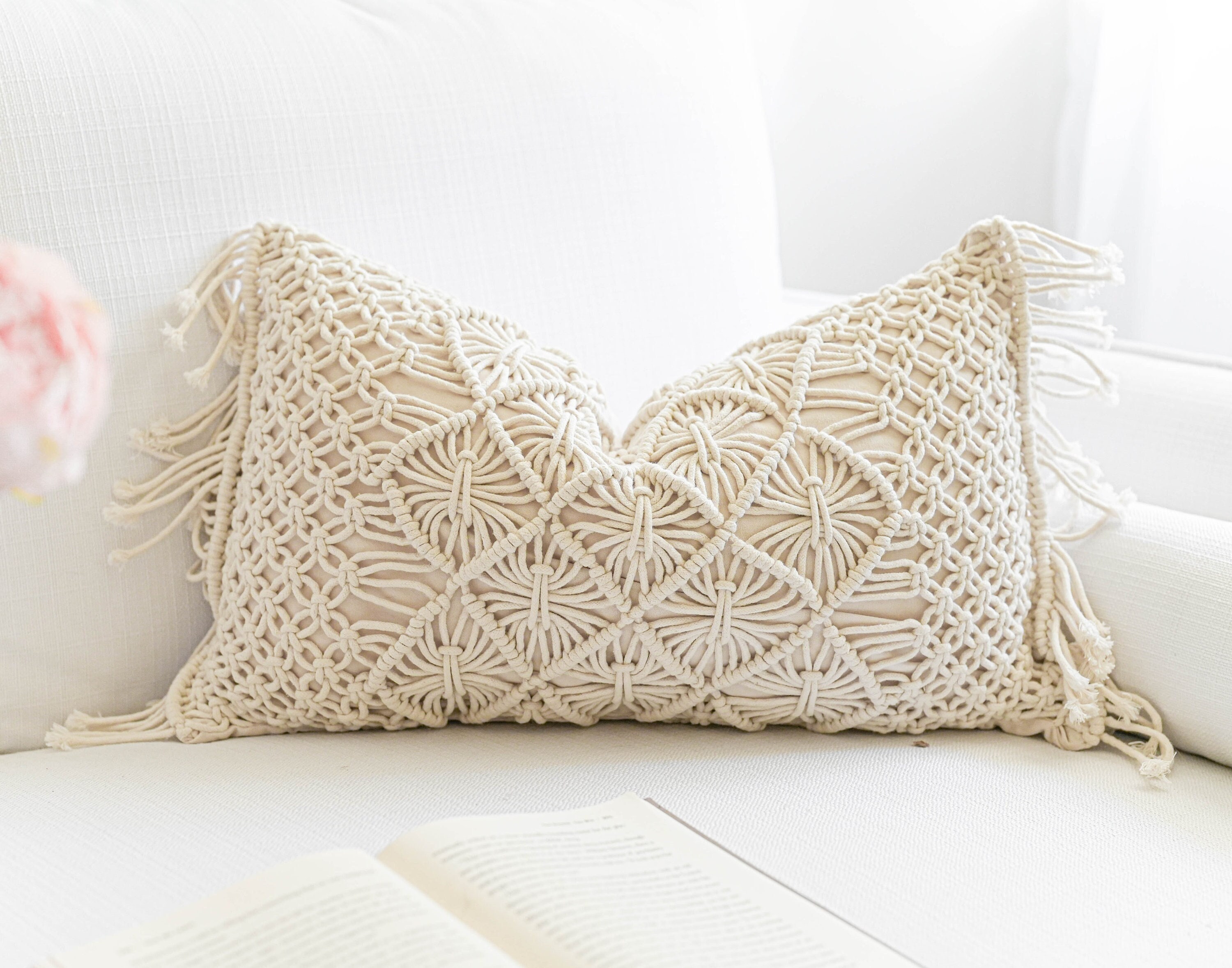 Cream Macrame Woven Lumbar Pillow Cover, Boho Woven Throw Pillow Cover, Farmhouse Cushion Cover, Sofa Pillow, COVER ONLY