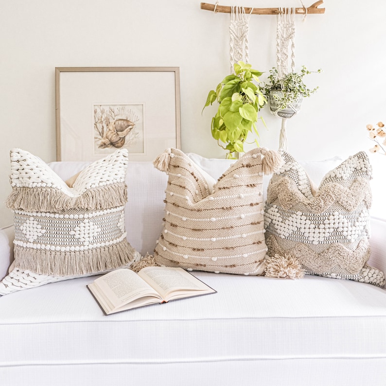 20x20 tufted textured cushion cover decorative pillow beige boho pillow cover