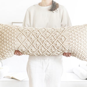 Beige Cream Macrame Lumbar Pillow Cover 14X36 inch, Bohemian Body Pillow Cover, Long Pillow For Bed, Farmhouse Lumbar Pillow