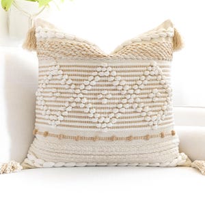 Decorative Handmade Throw Pillow Cover 20X20 | Neutral Boho Textured Pillowcase With Tassels | Throw Pillow For Couch