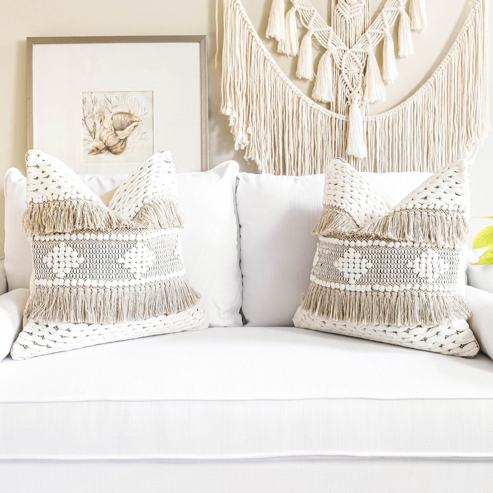 Boho throw pillow cover 20X20 cream and white tufted woven Etsy