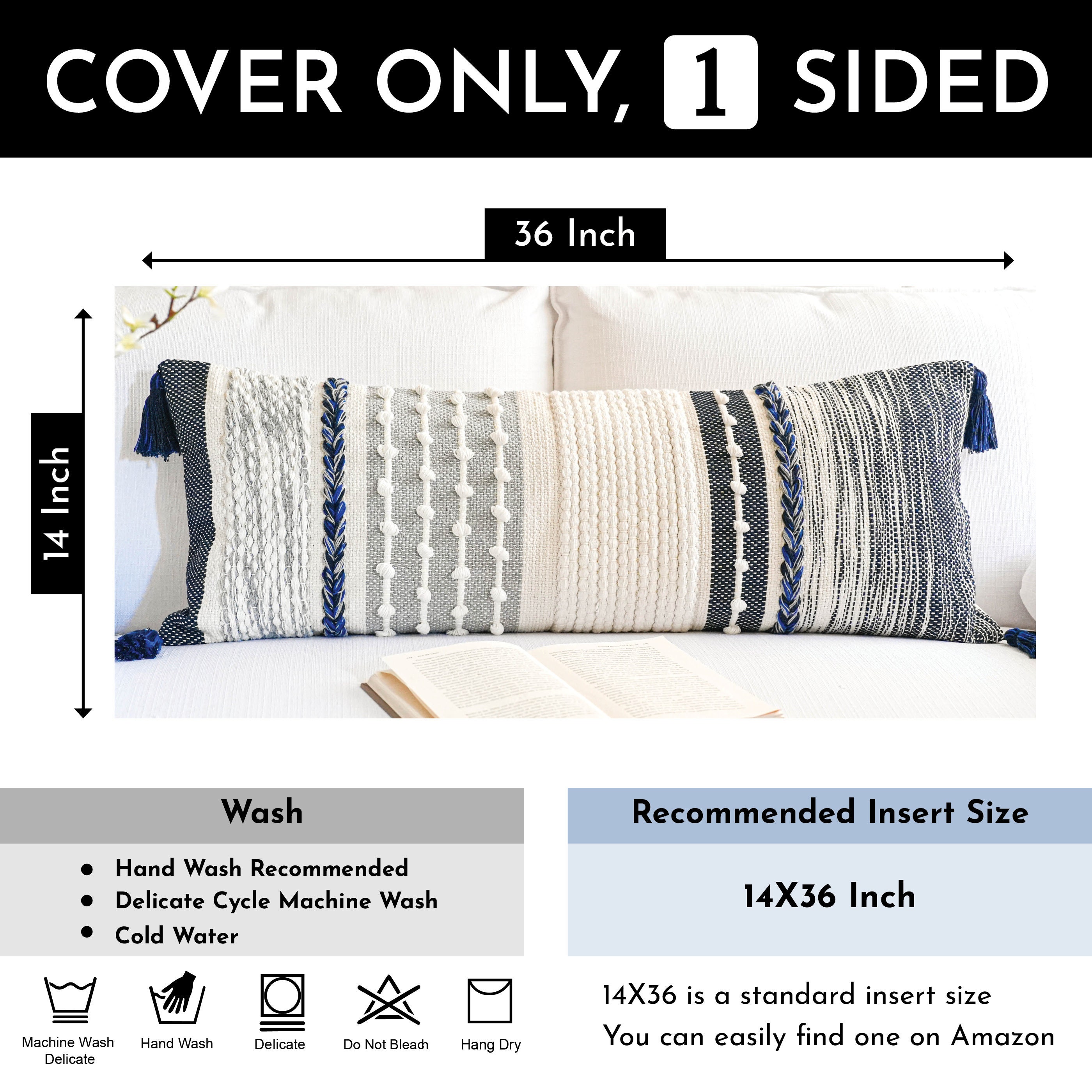 BlissBlush Gray Decorative Lumbar Pillow Cover 14x36, Boho Long Throw  Pillow for Bed, Accent Lumbar Throw Pillow Case, Modern Farmhouse 14 x 36
