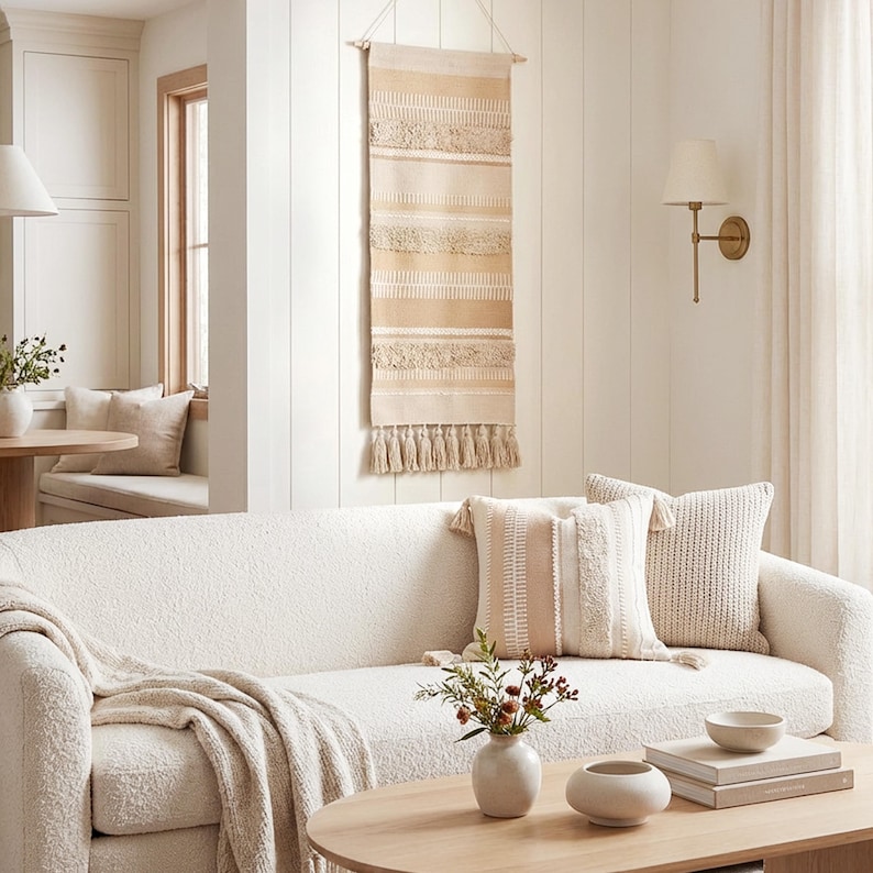 May include: A neutral-toned living room scene featuring a white sofa with decorative pillows and a throw blanket. A beige wall hanging with tassels is displayed above the sofa. A wooden coffee table holds a vase with flowers and decorative bowls.