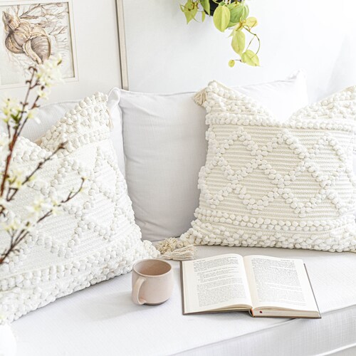 18x18 Neutral Pillow Cover With Tassels Farmhouse Etsy