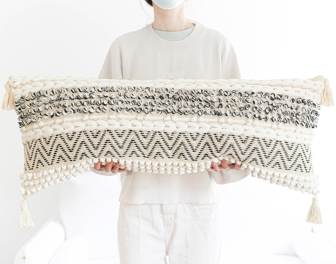 FINALSALE Black White & Cream Lumbar Pillow Cover 14X36, Neutral Long