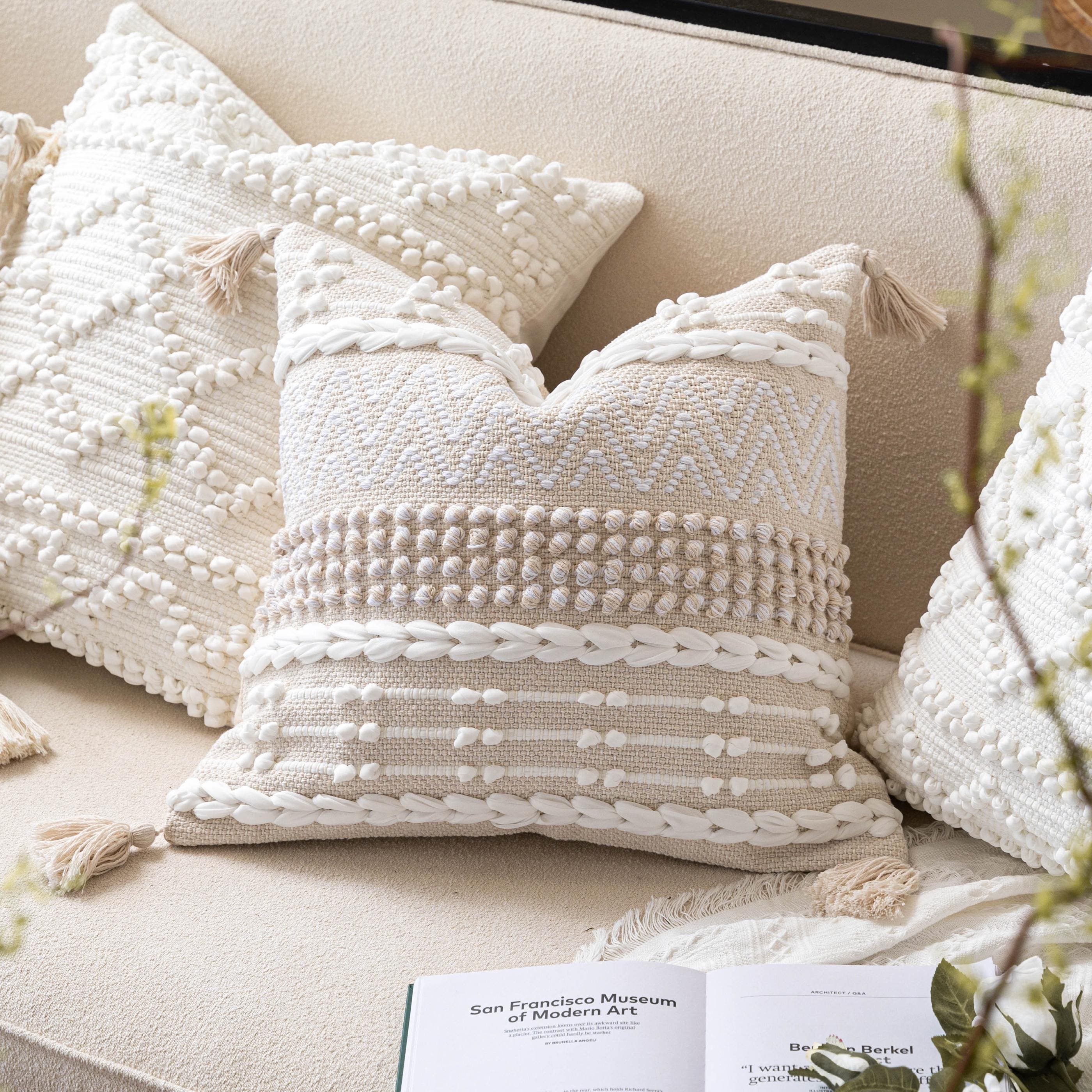 Handmade Boho Throw Pillow, Neutral Cream White Decorative Throw Pillow For Couch, Accent Throw Pillowcase 20x20, 22x22 inch, COVER ONLY