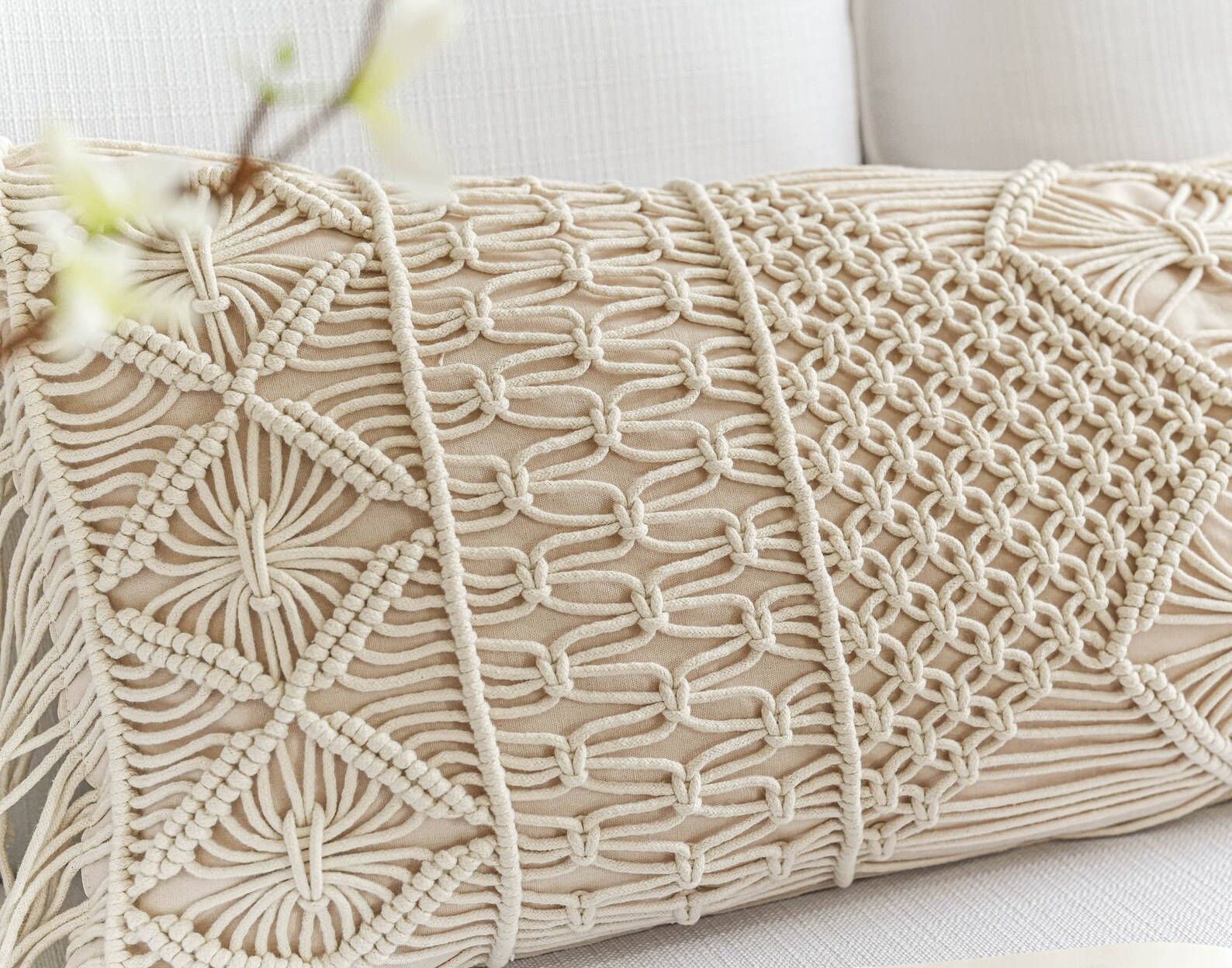 Cotton Macrame Lumbar Pillow w/ Fringe Pillow 20