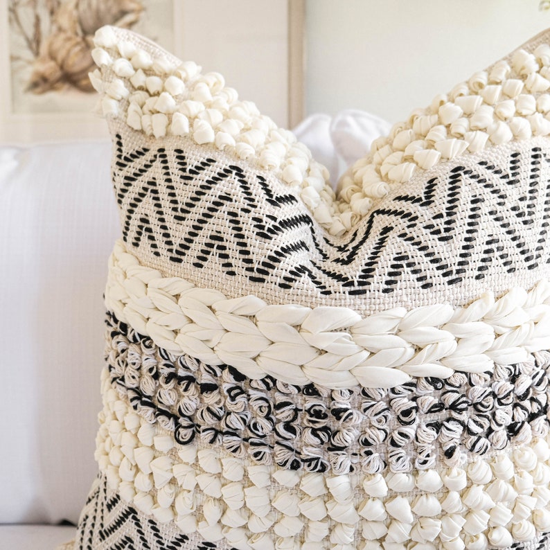 Lumbar Pillow Cover Woven Lumbar Pillow Cream Black Lumbar Etsy