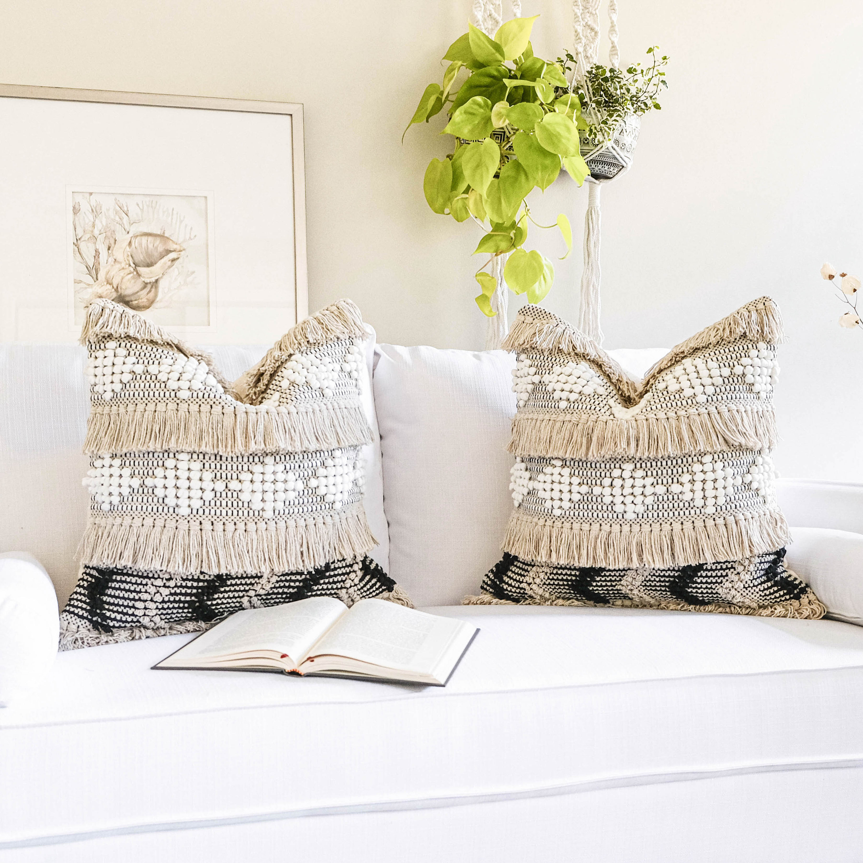 Tufted boho throw pillow cover beige and black decorative Etsy