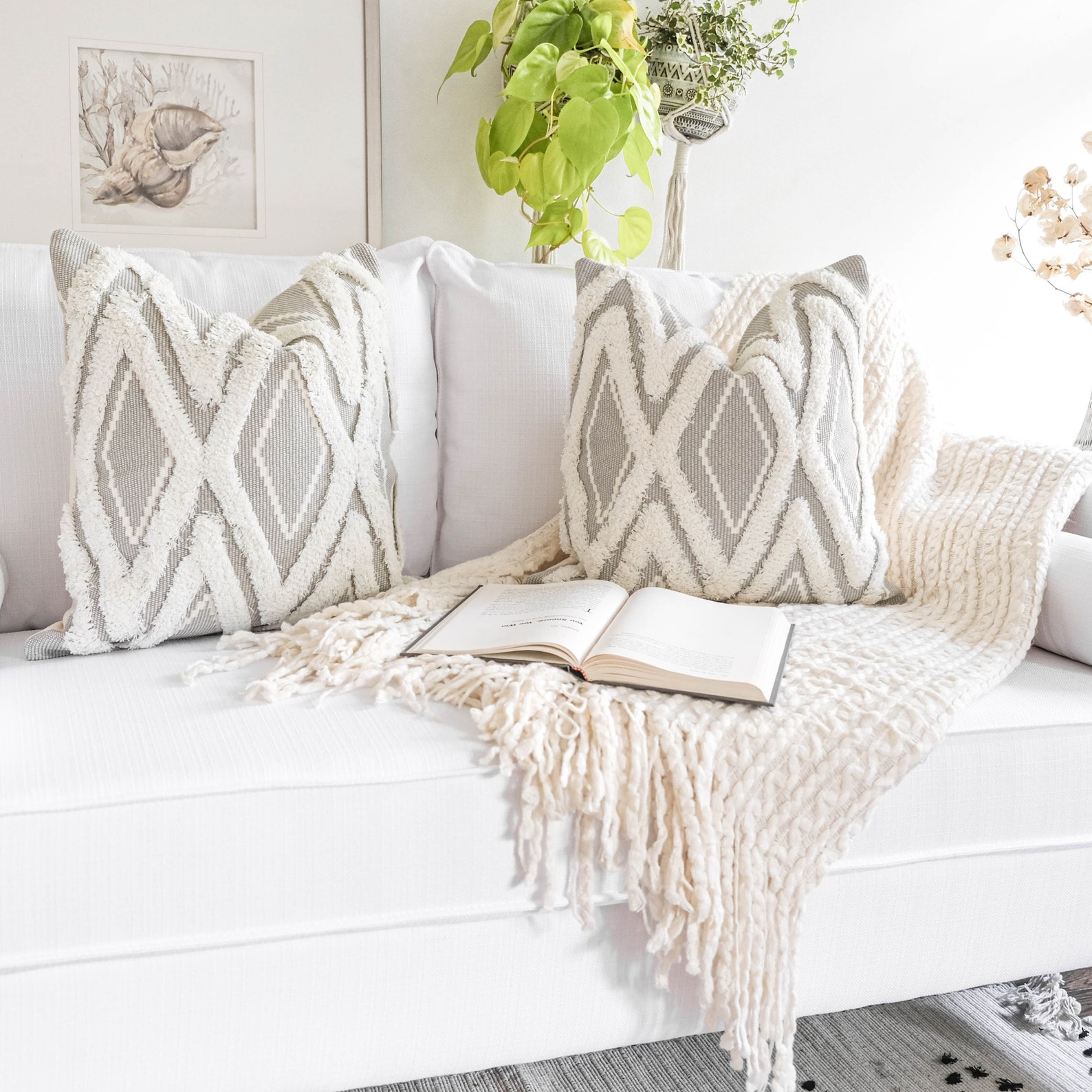 Textured light cream boho throw blanket with tassels lace Etsy