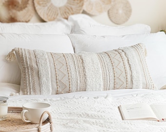 Beige Neutral Decorative Lumbar Pillow Cover For Bed 14X36 | Boho Throw Pillow | Long Pillow Case | Bed Decorative Pillow for Couch