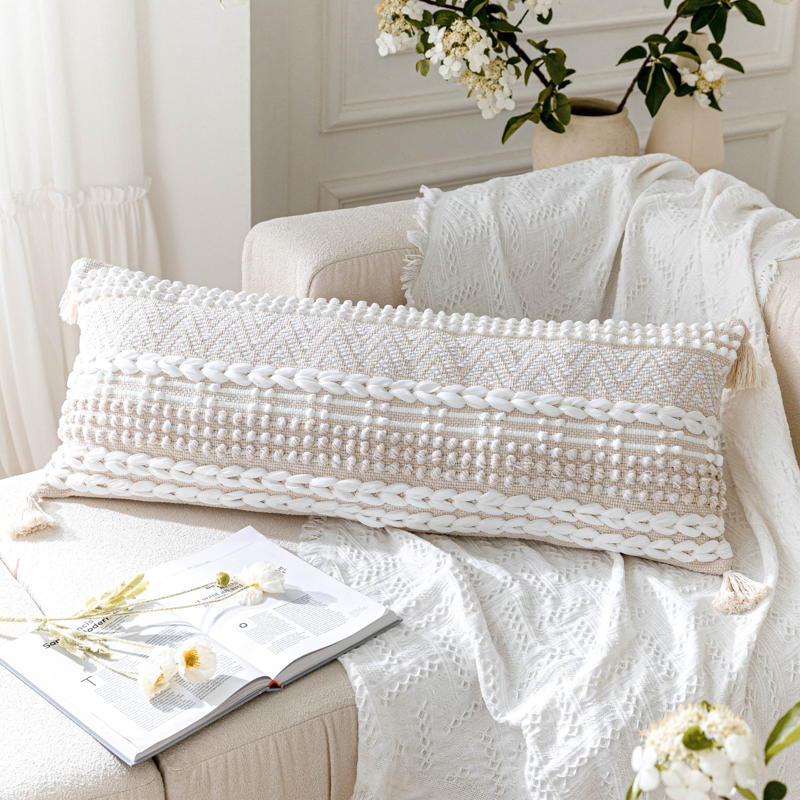 BLISSBLUSH Cream White Boho Body Throw Pillow Case, Woven Textured