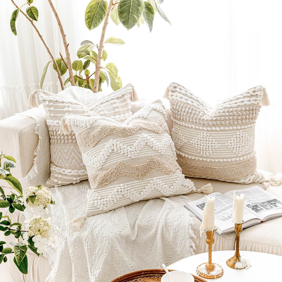 Neutral Boho Pillow Set Beige Sofa Pillow Set Decor Textured Pillow