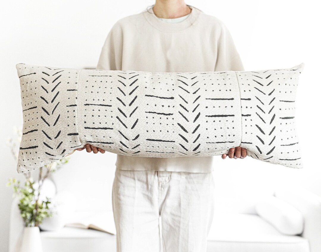 Off White & Black Lumbar Pillow Cover 14X36, Soft Chenille Fabric, Long
