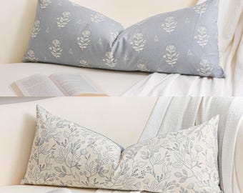 Funda de cojín decorativa de estilo rústico azul costero de 35,5 x 91,4 cm, con acento lumbar para cama, funda de almohada de algodón floral, 1 unidad