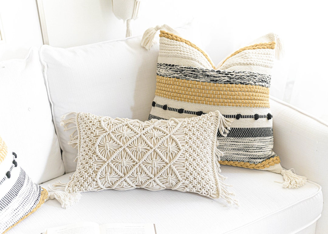 Boho Throw Pillow Set Mustard Beige Sofa Pillow Set Decor Etsy