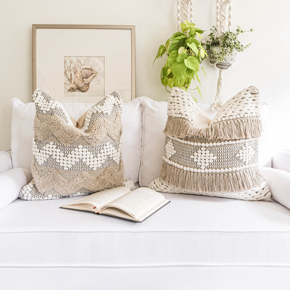 Boho throw pillow cover 20X20 cream and white tufted woven Etsy