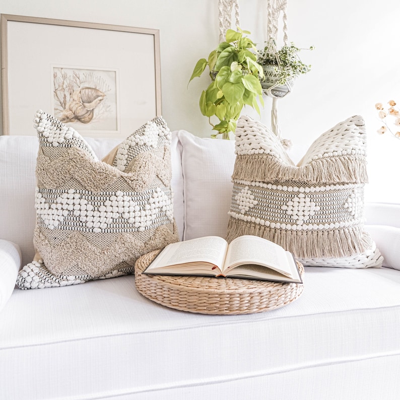 20x20 tufted textured cushion cover decorative pillow beige boho pillow cover