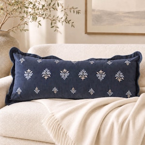 Dark Blue Floral Velvet Long Pillow For Bed, Embroidery Scalloped Edge (14x36 inch)