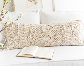 Handwoven Macrame Lumbar Pillow Cover 14X36 inch, Cream Beige Bohemian Body Pillow Cover, Long Pillow For Bed, Farmhouse Lumbar Pillow