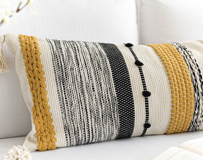 Mustard Beige &black Lumbar Pillow Cover 14X36 Neutral Long Etsy
