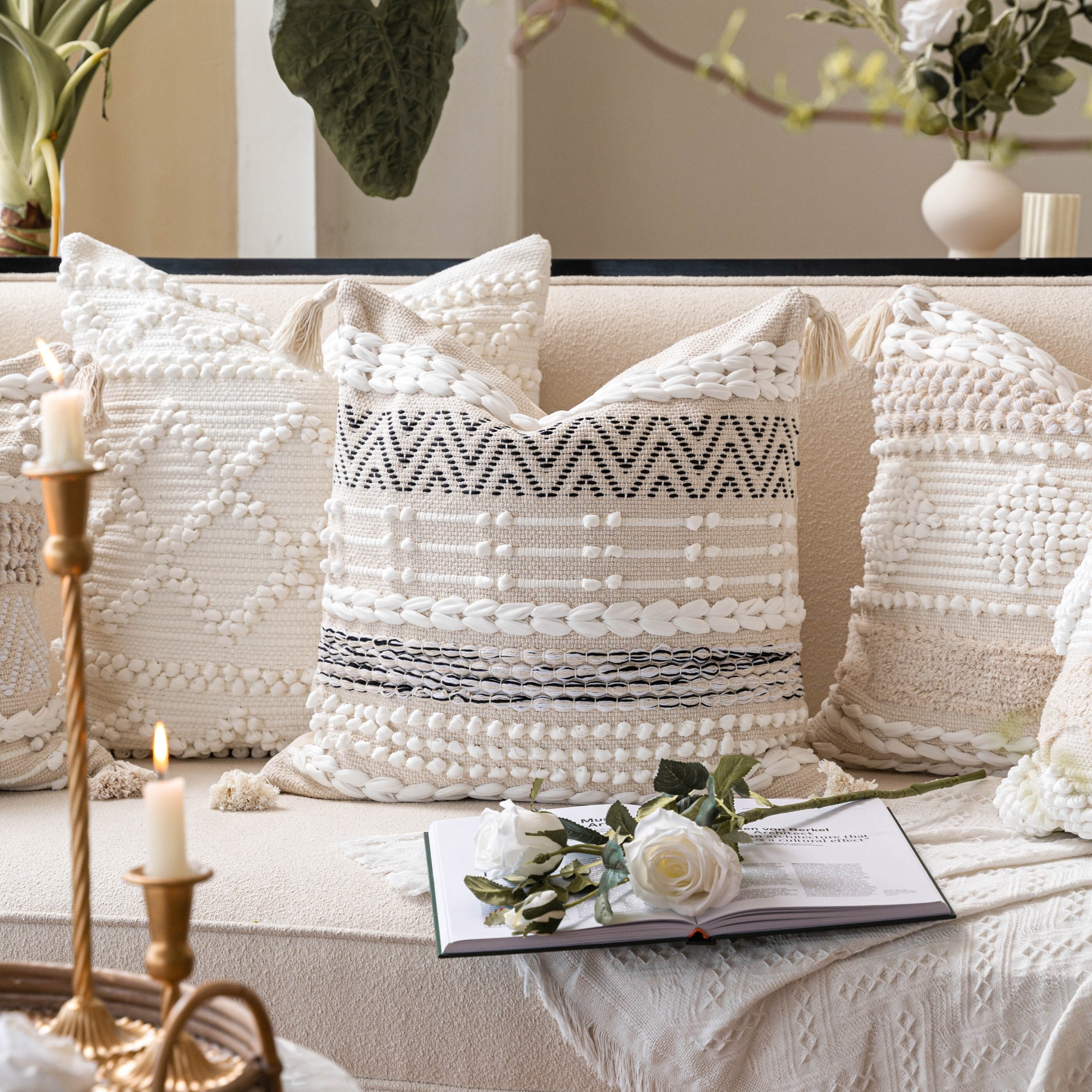 Black White & Cream Boho Throw Pillow Cover 20X20, Bohemian Woven Pillow Case With Tassels, Decorative Textured Pillow, COVER ONLY