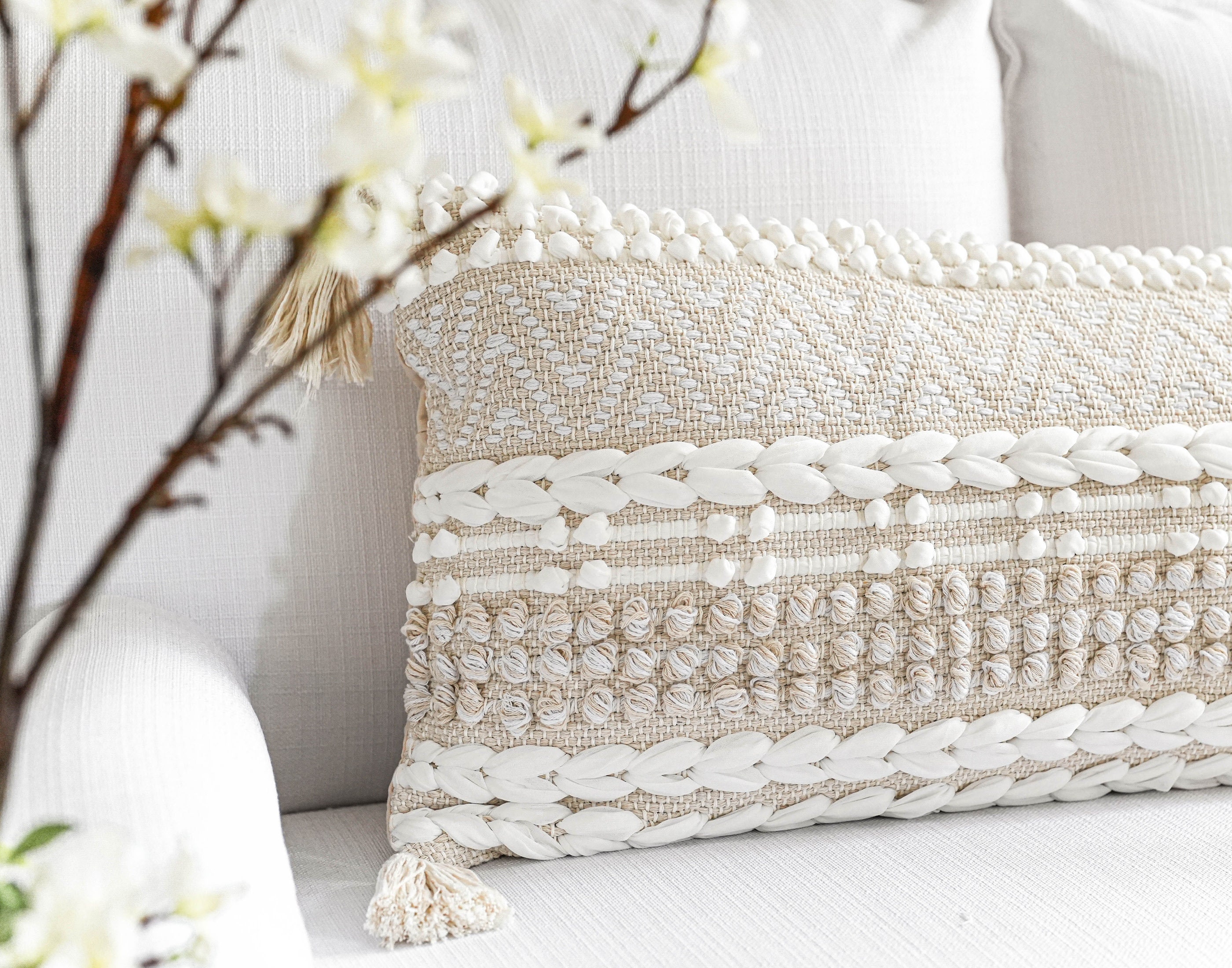 BlissBlush Cream White Decorative Lumbar Pillow Cover 14X36, Boho Long  Lumbar Pillow for Bed, Neutral Textured Body Pillow Cover, Bohemian Woven