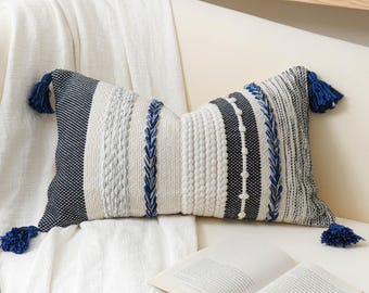 Dark Blue Decorative Long Throw Pillow 14x24 For Bed, Boho Accent Lumbar Throw Pillow Cover With Tassels, Farmhouse Pillowcase