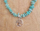 Collier en perles naturelles Amazonite claires pendentif arbre de vie en argent massif 925
