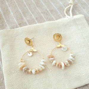 Gold hoop earrings with mother-of-pearl beads and shell