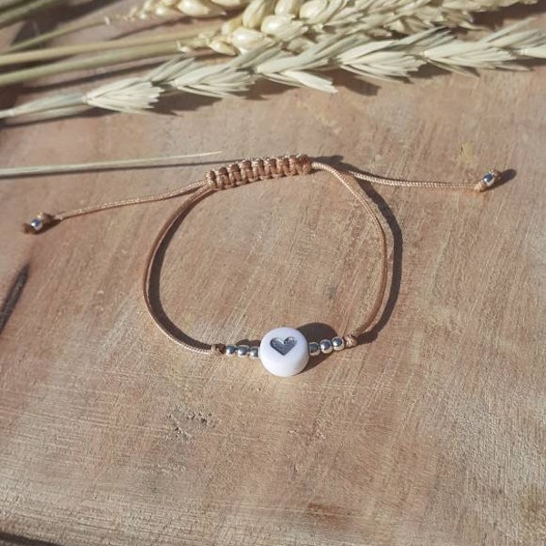 Bracelet cordon beige avec cœur et perles en argent massif 925 pour enfants et adultes