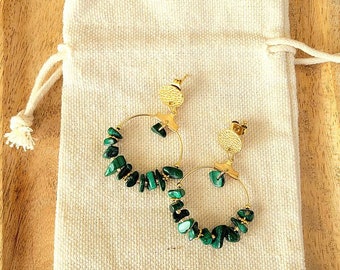 Creole chip earrings rings natural malachite stone and gold plated