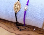 Bracelet cordon personnalisable avec Médaille Vierge Marie/Madone Miraculeuse en plaqué or