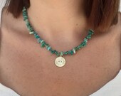 Collier en perles naturelles Amazonite et plaqué or avec oeil de protection