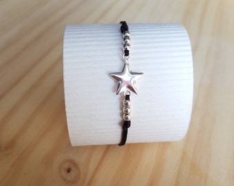 Black cord bracelet with star and 925 sterling silver beads