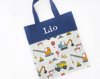 Kindergartentasche personalisiert, Tragetasche mit Namen, Freundebuchtasche, Bagger Baustelle Tasche Junge, Einkaufstasche, Kindertasche