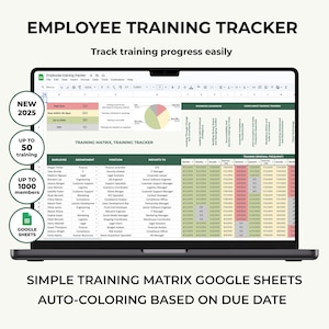 Może przedstawiać: Laptop wyświetla arkusz kalkulacyjny śledzenia szkoleń pracowników. Ekran pokazuje macierz szkoleniową z automatycznym kolorowaniem na podstawie terminów. Tekst brzmi "Employee Training Tracker" i "Track training progress easily."