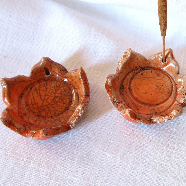 Orange second chakra Raku pottery incense holder, Italy handmade ceramic burner, sacred geometry, meditation tool, altar item, unique gift