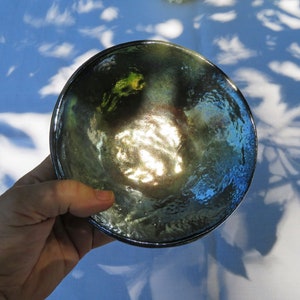 Art Raku pottery bowl, handmade rustic wabi sabi tray, Italy ceramic vessel, black & silver brutalist catchall, unique gift for him her man