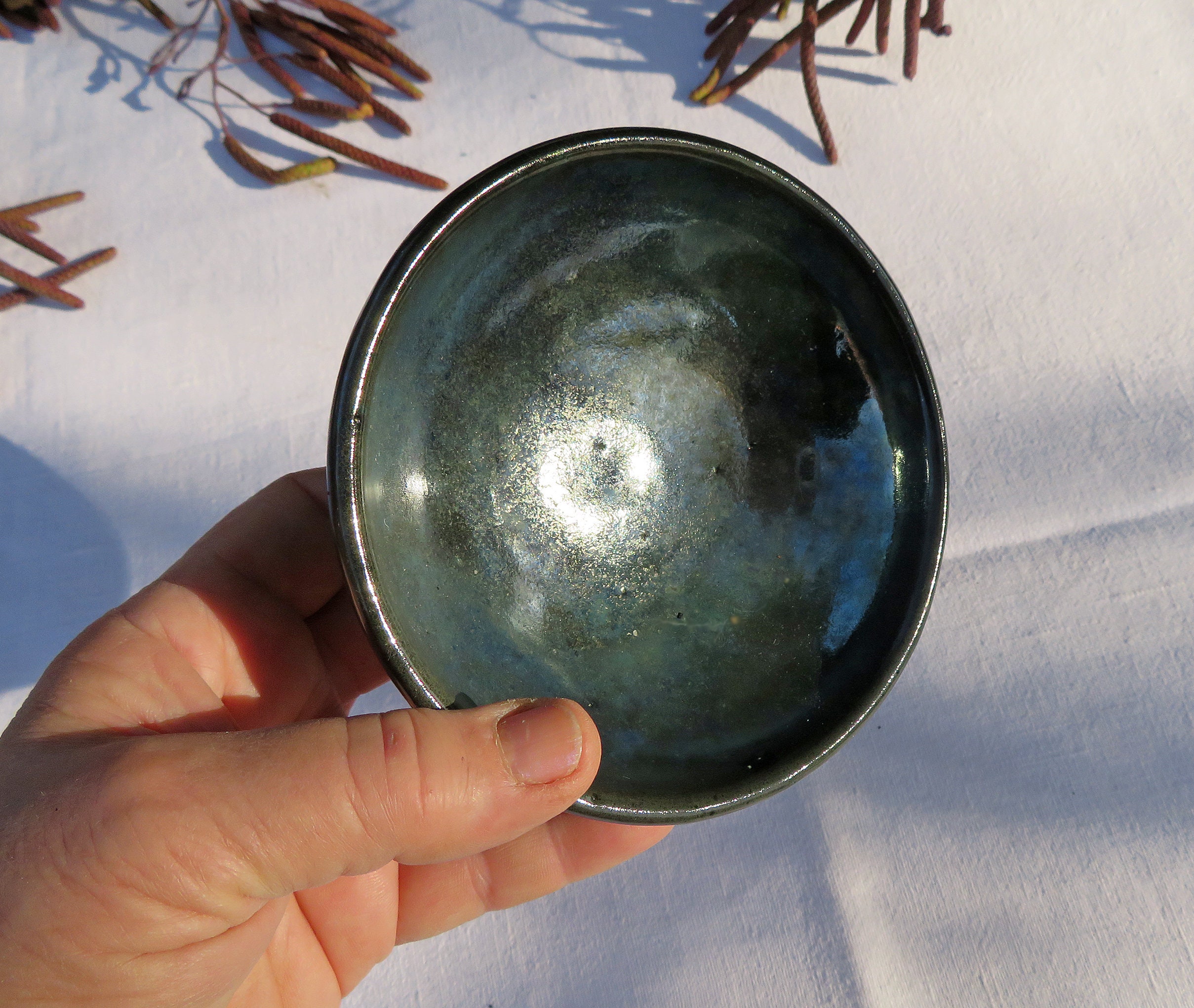 Raku Pottery Bowl Black Blue Gold, Rustic Ceramic Chawan