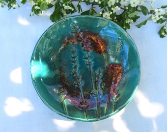 Turquoise copper Raku pottery bowl, wabi sabi ceramic tray, Italy handmade item, rustic teal valet tray, artistic unique gift for man woman