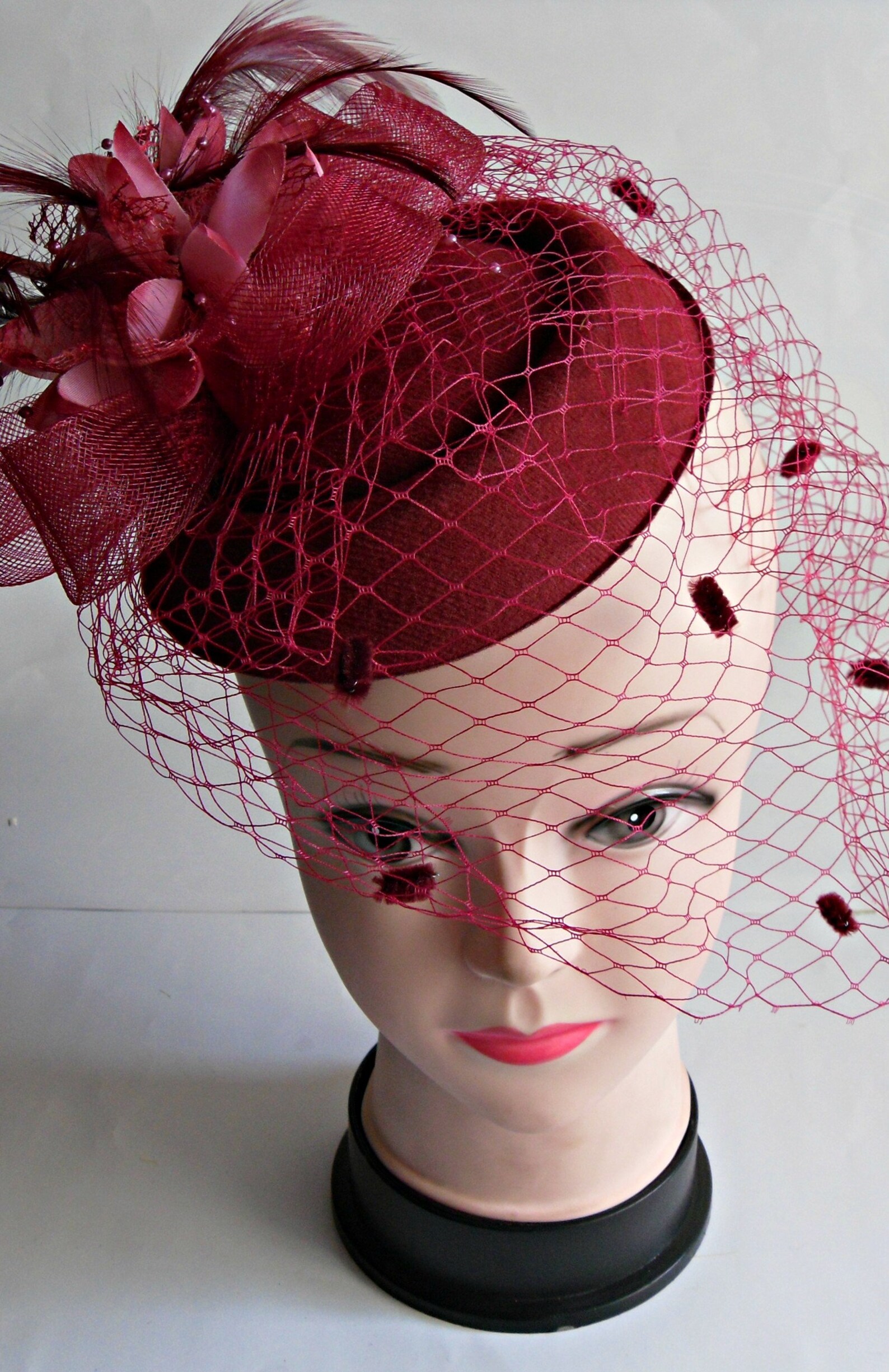 Maroon fascinator fascinator with veil wedding hat Etsy